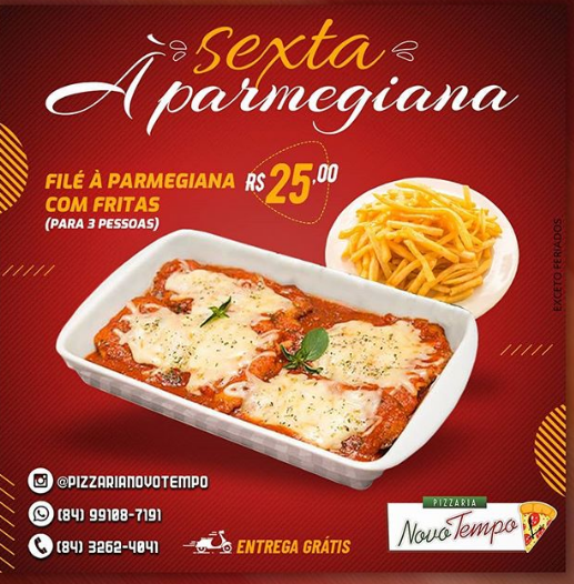 Sexta à Parmigiana!!! Filé à Parmegiana R$ 25 com fritas (Para 3 Pessoas),  na Pizzaria Novo Tempo. - Blog do Montoril
